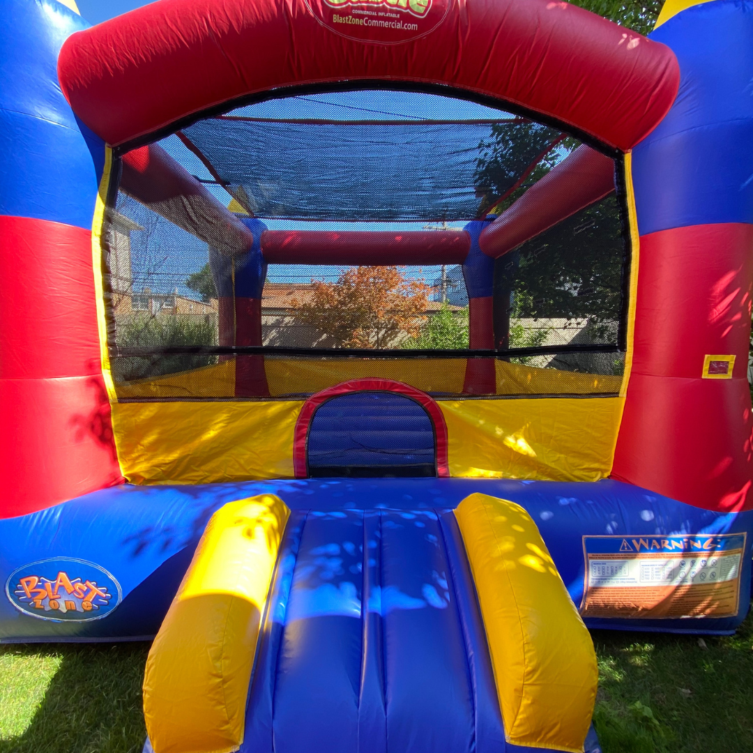Castle Jumper bounce house set up in a Chicagoland backyard.