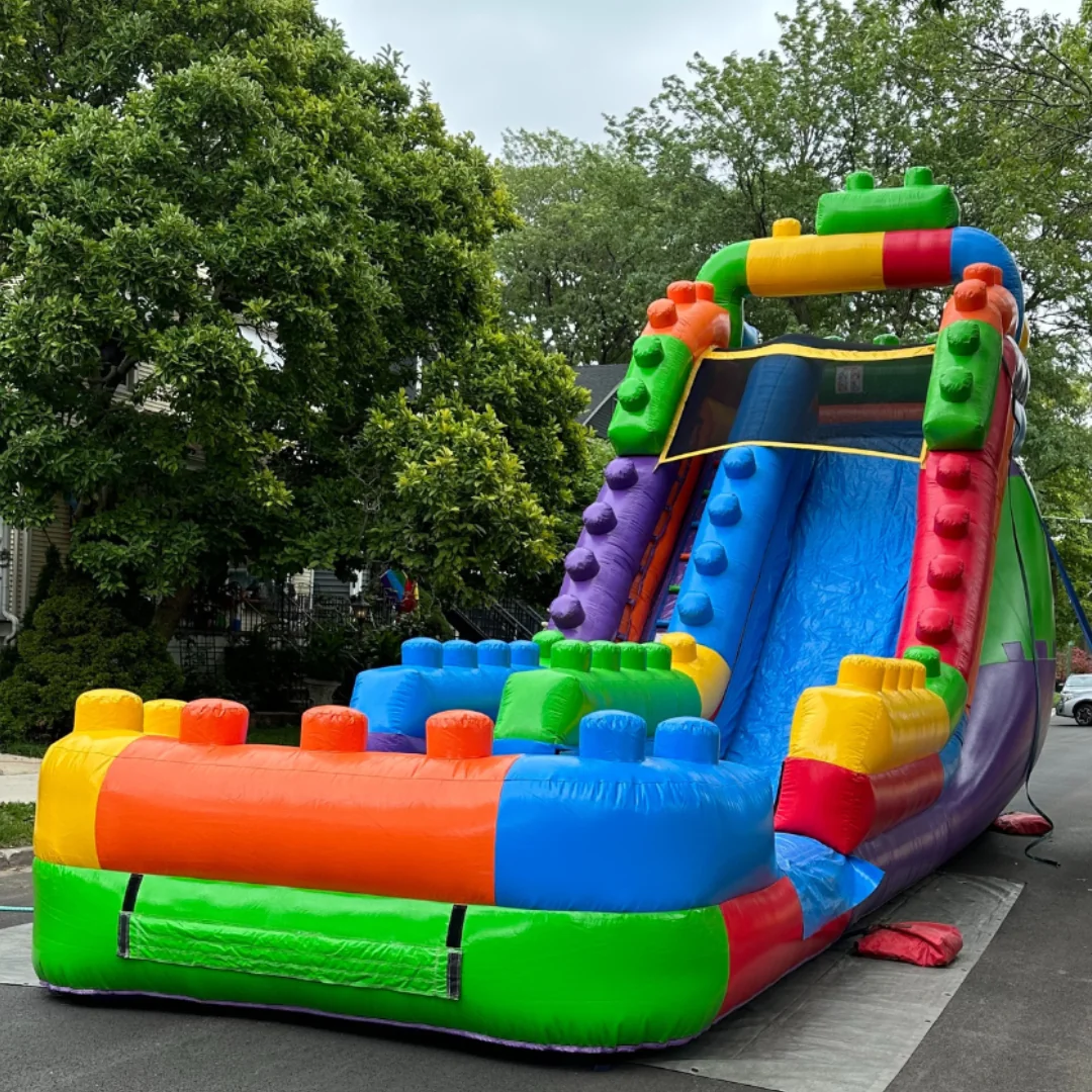 Mega Blocks water slide rental for Chicago backyard summer parties.