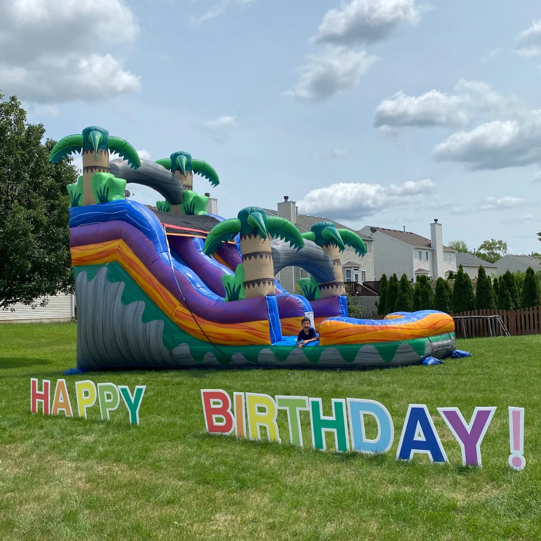 Palm Tree water slide set up in a Chicago-area backyard.