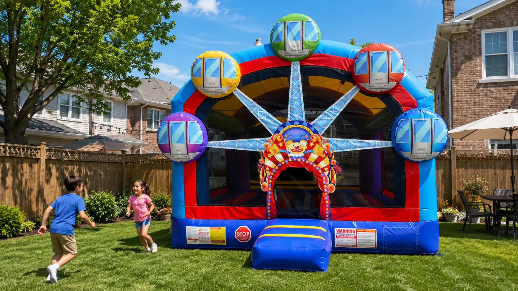 Bounce house being set up in a Chicago-area backyard for a kids party.