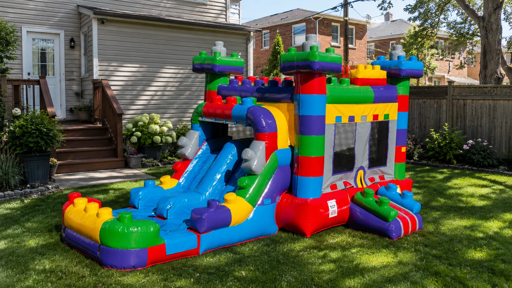 Bounce N Slide inflatable for a residential backyard party.