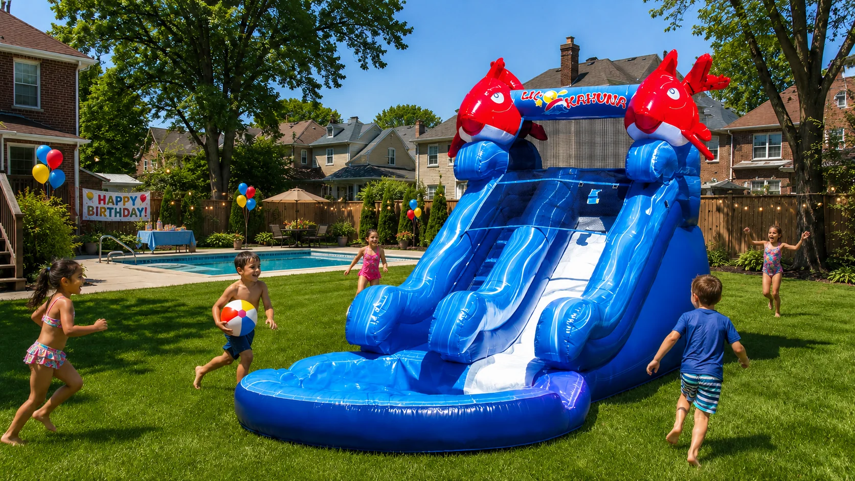 Backyard bounce house rental in Chicago — 123 Moonwalks delivers and sets up inflatables for residential parties.