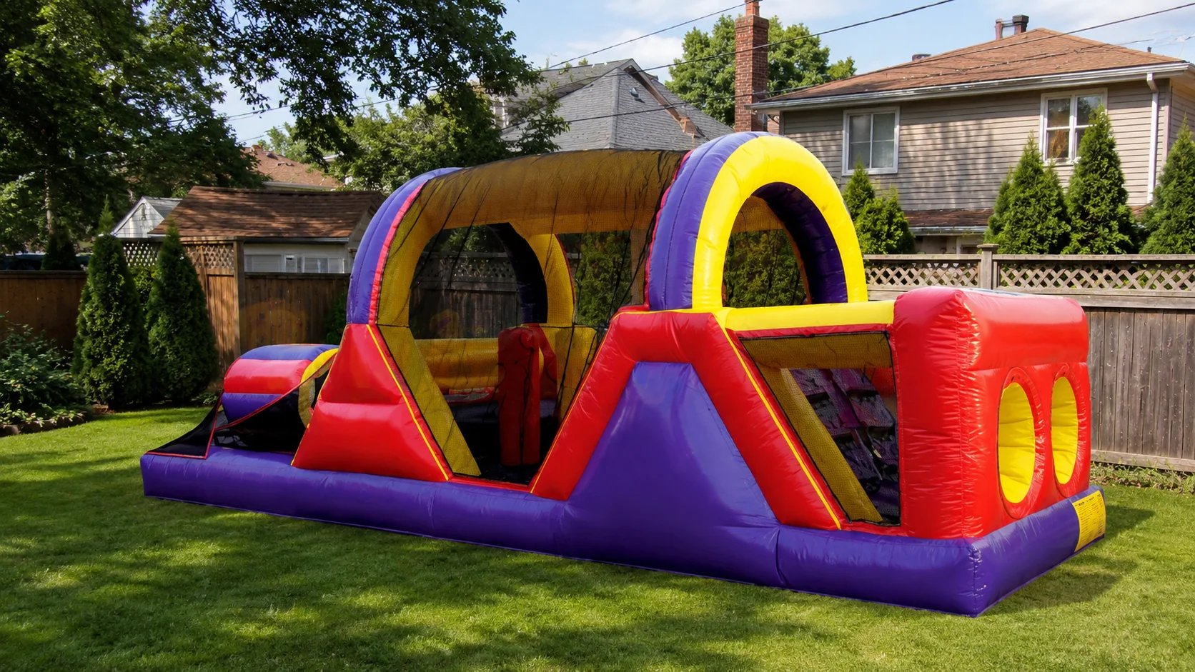 Inflatable obstacle course installed in a backyard for a family event.