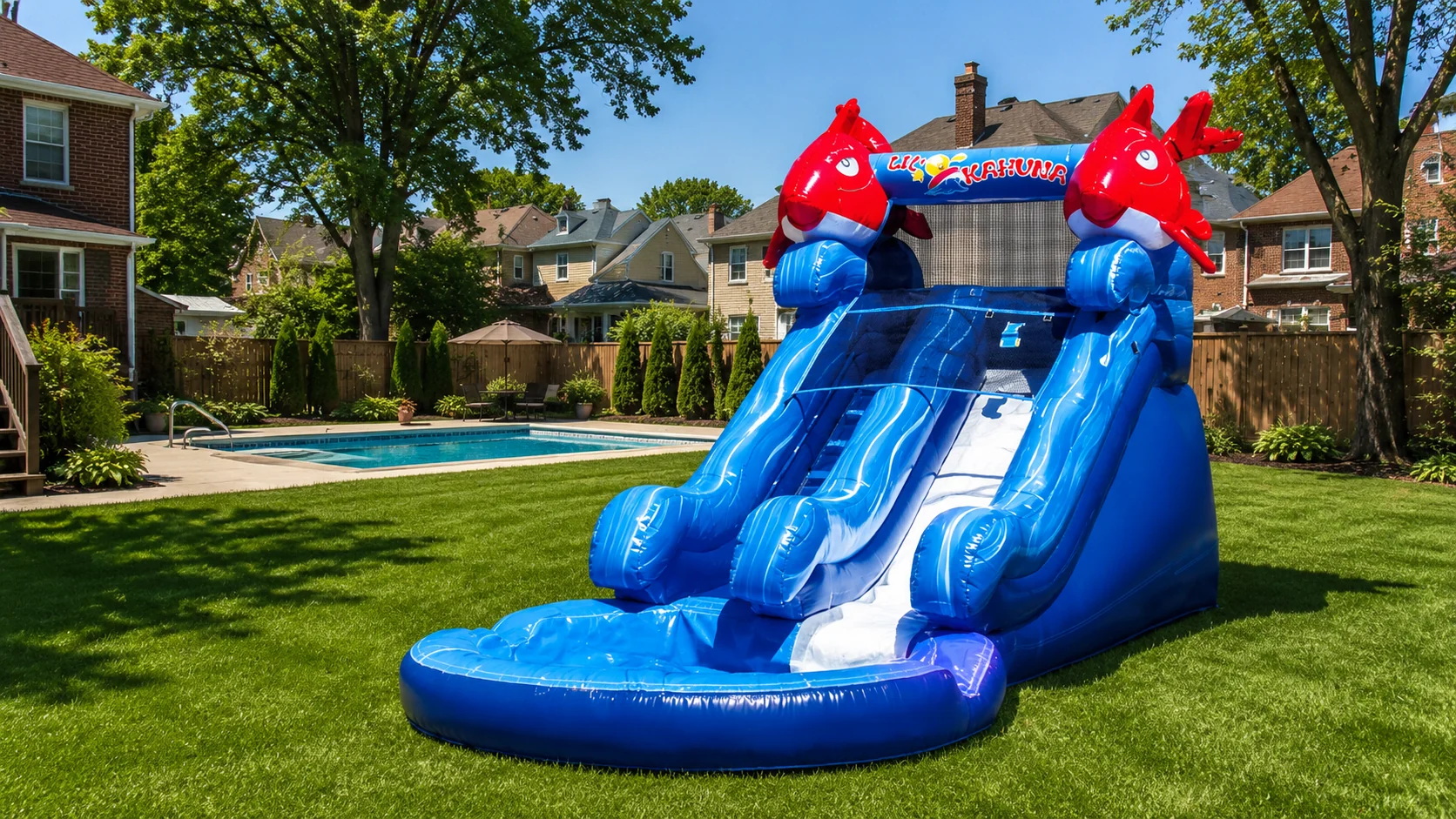 Backyard water slide rental with hose hookup for a summer party.